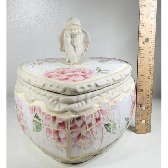 RARE Shabby Chic Vintage Rose Mosaic Angel Keepsake Heart Box - Picture 5 of 11